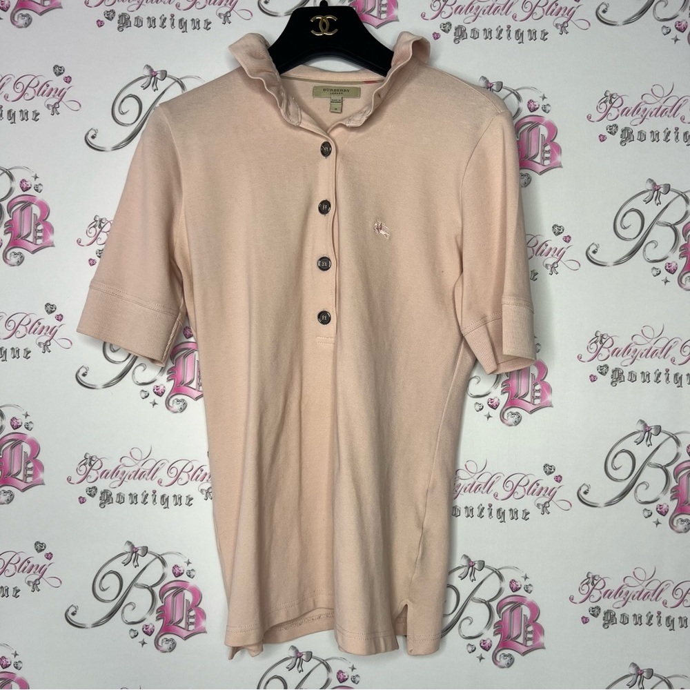 Burberry pink ruffle collar button up tshirt baby pink ! Stunning Burberry
